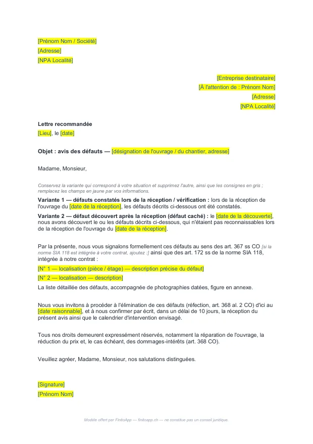 Page 1 du modèle de lettre d'avis des défauts — corps de la lettre avec variantes et champs à compléter