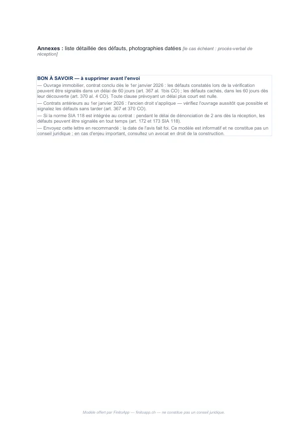 Page 2 — annexes et encadré Bon à savoir (délais de 60 jours, CO et SIA 118)